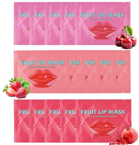 ARCHIDATE Fruchtlippenmaske Lip Sleeping Mask - 15 Stück Lip Mask mit Kirsche-Erdbeere-Granatapfel - Lippenpflege Feuchtigkeit Lippenmaske - Lip Mask Pad Set - Verblassende Lippenlinien Lippenpeeling