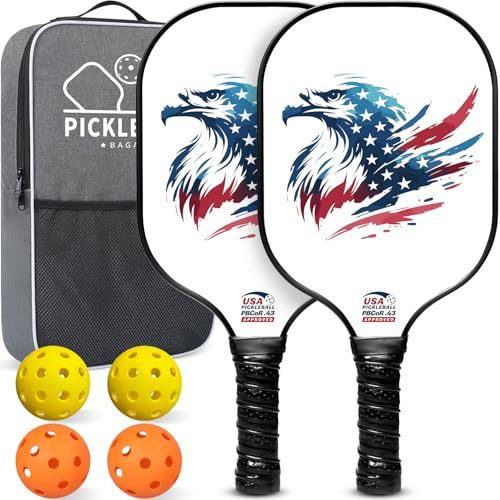 BAGAIL - Set di palette per pickleball, set di pickleball con superficie in fibra di vetro approvato USAPA, racchette da pickleball leggere con 4 palline, 1 borsa, progettate in California per