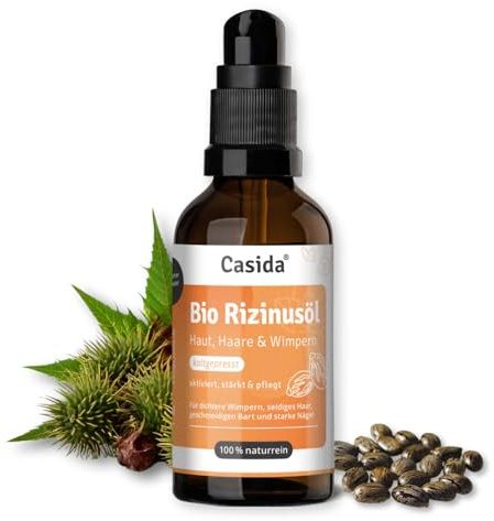 Casida Bio Rizinusöl 50ml - 100% Rein, Natürlich, Kaltgepresst - für dichtere Wimpern, Augenbrauen, Haare, Bart, und starke Nägel - Haarwachstum und Glanz - Vegan - Castor Oil - Glasflasche + Pumpe