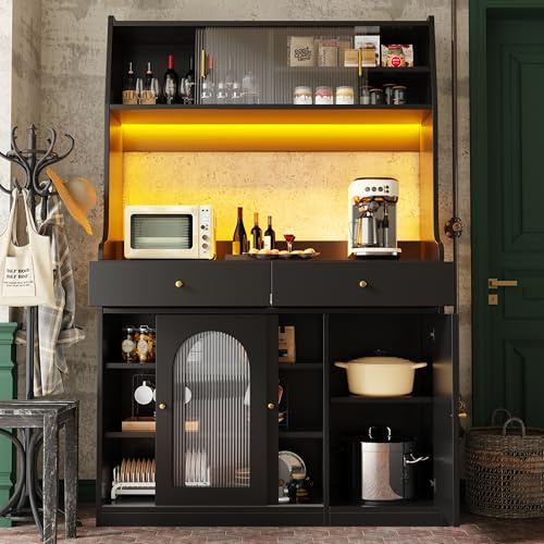 A ALFRESCOOL Küchenschrank, Hochschrank,Vitrinenschrank, Buffetschrank mit Verstellbaren Ablagen, Esszimmerschrank mit 2 Schubladen, Sideboard mit LED-Beleuchtung,Variable Lichtfarben, schwarz