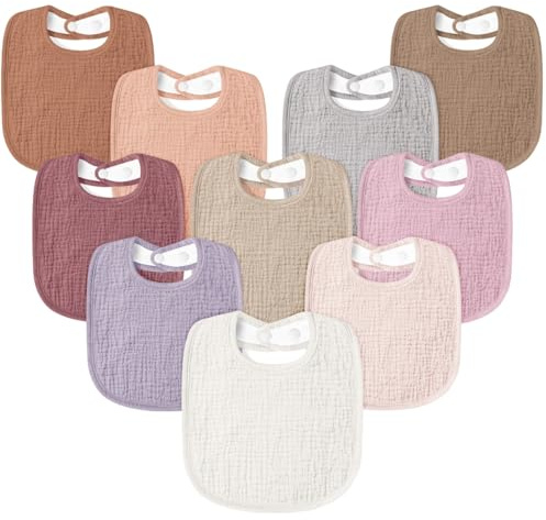 Susurration Muslin Baby Bibs 10Pack Soft Square Adjustable Baby Dribble Bandana Bibs with Adjustable Snaps for Unisex Baby Girls & Boys (Pink Brown)