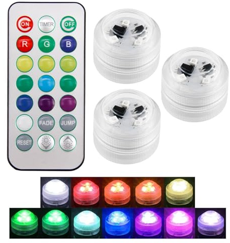 Inajoke 3Pcs Mini Submersible LED Lights with Remote Control Underwater RGB Colour Changing Waterproof Battery Operated Tea Lights Flameless for Pool Aquarium Vase Fountain Garden Party Halloween