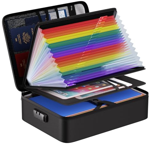Tamfile 5200℉ Fireproof Document Box, with 25 Pockets Colorful, Black | Document Bag, Expanding File Folder Document Organiser, Portable File Storage Box, with Lock & Labels, for Office Home School