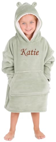 Personalised Kids Oversized Hoodie Snuggle Blanket Fleece Fluffy Custom Snuggle Hooded Jumper Kids Hoodies Boys Girls Age 3-6 Years Sage Green