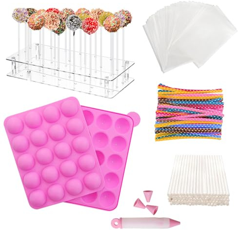 Cake Pop Maker Kit, 20 Cavities Silicone Cake Pop Mould with Acrylic Display Stand Holder, Lollipop Sticks, Treats Bags, Twist Ties, Decorating Pen