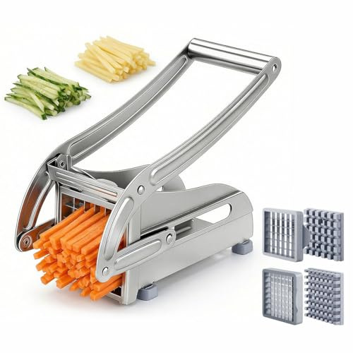 LOMUG Pommesschneider Edelstahl, Pommes Schneider Gerät mit 2 Schneidegrößen, Rutschfester Gummifuß, Gemüseschneider, Pommes Frites Schneider, Pommespresse für Ganze Kartoffeln Karotten Gurken Zwiebel