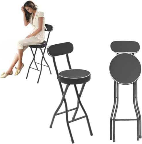 Uppsättning av 2 vikbara barstolar 65 cm fällbara pall, stapelbar höjdjusterbar, metallram, vadderad, stabil, platsbesparande fällstol sittpall för kök matsal trädgård skola gäster (svart)