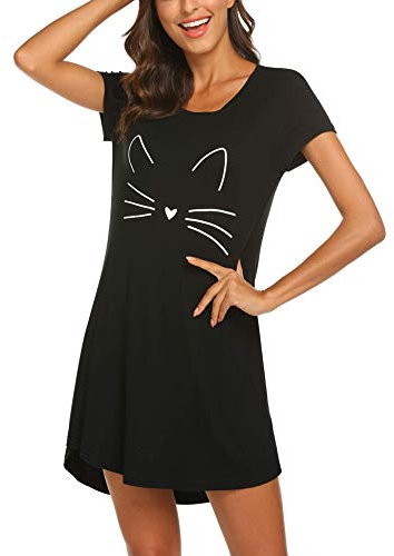 Ekouaer Nighty for Women Short Sleeve Nightwear Cute Print Black Cat XL