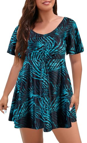 ECUPPER Womens One Piece Swimsuit with Sleeves Plus Size Swim Dress Modest Tummy Control Skirt Swimming Costume Built in Shorts Electric Green Palm 3XL
