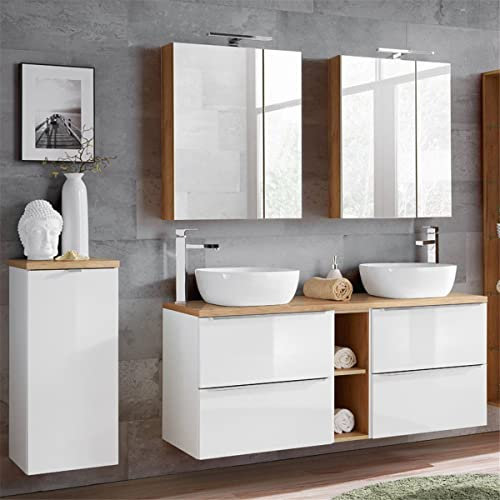 Lomadox Komplett Badmöbel Set mit Doppel-Waschtisch inkl. 2 Keramik-Aufsatzbecken 50cm, Hochglanz weiß & Wotaneiche inkl. LED-Spiegelschrank
