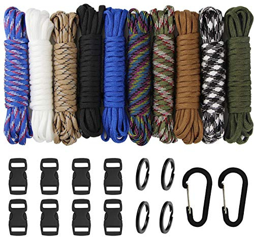 10 pcs Multifonction Paracordes pour Parachute Bracelet Set de Bracelet Paracord Cordelettes et 8 Noir Paracord Boucles 4 Porte clé 2 Mousqueton DIY Bracelet Porte-clés Tricoté à la Main (D-24PCS)