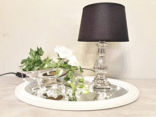 DRULINE Tischlampe Steffi Lampe Nachttischleuchte mit Schirm Klassische Dekoration fürs Schlafzimmer Wohnzimmer Esszimmer aus Keramik Silber Fuß (Schwarz, Mittel H47 cm)