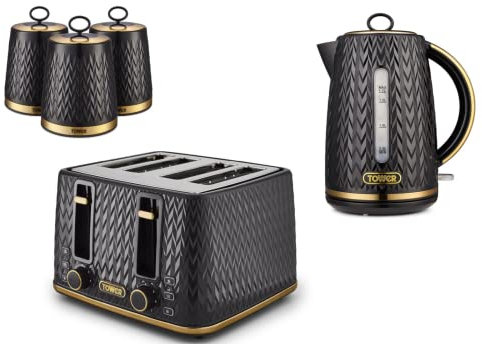 Tower Empire Black Jug 3KW 1.7L Kettle, 4 Slice Toaster & Set of 3 Tea, Coffee & Sugar Canisters. Art Deco Design Matching Set of 5 Kitchen Items in Black with Brass Accents