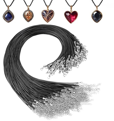 Kurtzy Confezione da 120 cordini neri in poliestere cerato con catena e chiusura a moschettone, 50 cm, per la creazione di gioielli fai da te, collane, bracciali e cavigliere