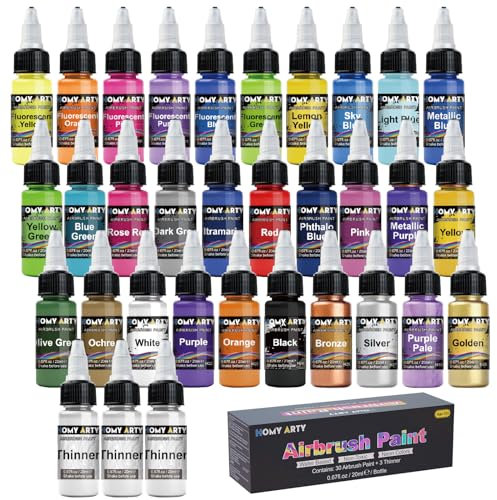 HOMY ARTY 30 colori con 3 più sottili, vernice spray per aerografo, vernice acrilica a base d'acqua, per metallo, modelli in plastica, tela, legno, 33 bottiglie