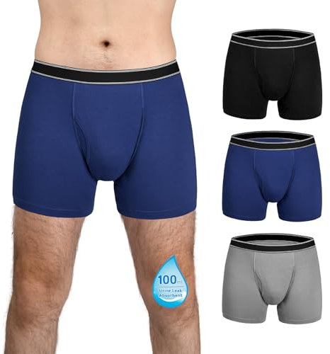 TIICHOO Inkontinenz Slip Herren Waschbar Regelmäßige Saugfähigkeit 100ml Inkontinenz Pants Männer Baumwolle Boxershorts 3er Pack (Medium, Schwarz/Marine/Grau)