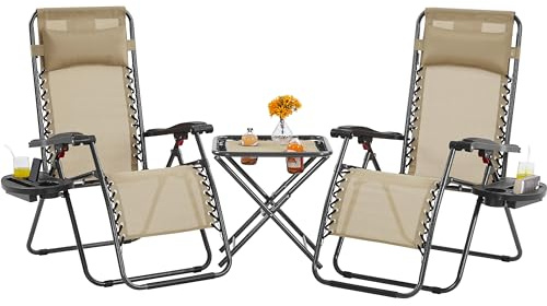 Yaheetech 3PCS Zero Gravity Recliner Portable Foldable Outdoor Sunlounger Table Set w/Pillow & Carry Strap for Patio Deck Garden Pool Beige