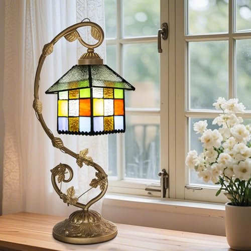 Ppbmocw Tiffany Diamond House Lamp,21x11x8 inches Stained Glass Lamp with Three-Color Dimming for Bedside Table,Antique Office,As A Gift to Family and Friends