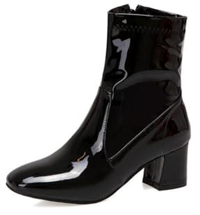 HXTYXCQ Damen Lackstiefeletten Mit Seitlichem Reißverschluss Quadratischer Zehen Chelsea Boots Mittlerem Stämmiger Absatz Kurze Stiefel,Schwarz,39 EU