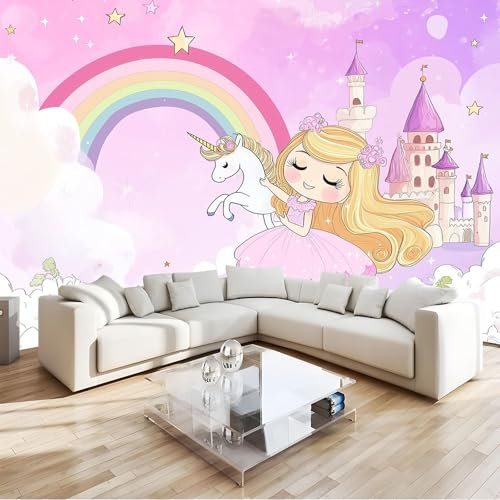 Art Papel Tapiz Fotográfico Niña Dibujos Animados Unicornio Castillo Morado Papel Pintado no Tejido 250x175 cm Lana Decoración De Pared Sala Cuarto Póster Mural para Sala de estar Infantil Decoración