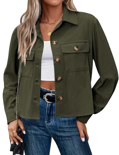 Hotouch Veste Femme Velours Côtelé Blouson Bombers Automne Décontracté Courte Veste Chic Button Down Jacket Vert S
