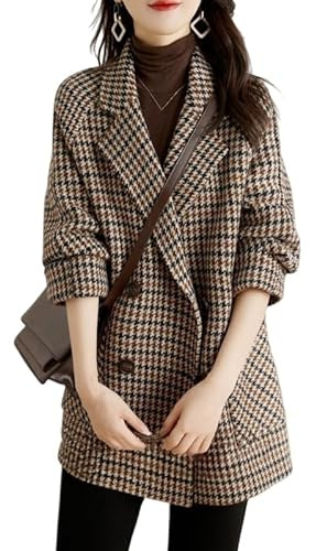KIJSKKOPO Women'S Houndstooth Woolen Coat, Brown Notched Lapel Double Breasted Fleece Lined Blazer Jacket Winter Warm Overcoat Stylish Check Pea Coat with Pocket Brown Xl