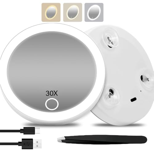 Nzkeuf Specchio Ingranditore con Luce e 3 Ventose, 30x Specchio Ingranditore per Il Trucco Illuminato Ricaricabile da 10 cm, Luce Regolabile in 3 Colori, Trucco Precisa, Ideale per Casa e Viaggio