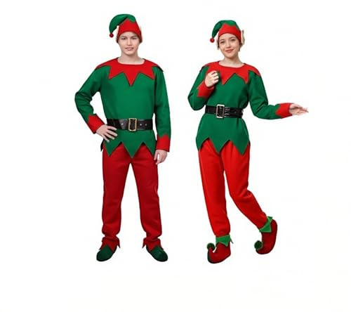 Disfraz de Elfo Unisex para Adultos Disfraz de Navidad Elfo Descarado - TúNica Verde + Pantalón Rojo + Cinturón + Sombrero de Elfos Con Orejas + Zapatos de Lujo Con Pompones - Tamaño: Grande
