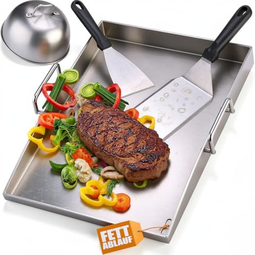 Gutenguy Premium Plancha Grillplatte Set - 40 x 30 cm - Grillplatte für BBQ Gasgrill & Kohlegrill - 4mm Dicke Plancha Gasgrill - Edelstahl mit 1 Burgerglocke & Grillspachtel Set