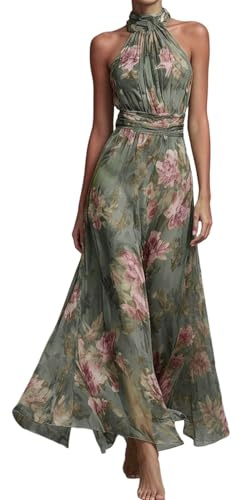 Foweknow Abito da Sera Donna Lungo Senza Spalline Cocktail A Linea Tulle Abito da Cerimonia Elegante Per Matrimonio Maxi Abito da Ballo Abito Festivo Per Laurea Donne Con Motivo Floreale Neckholder