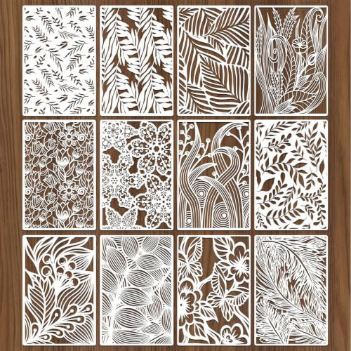 Sukizifa 12 Piezas Set de Plantillas para Pintar, Plantillas Reutilizables para decoración Textil, Stencils para decoración de Paredes, Aerógrafo, Pintura acrílica, Plantillas DIY para Pintar