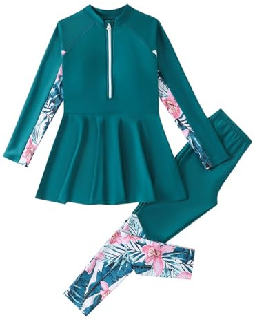 Generisch Maillot de bain deux pièces pour fille : maillot de bain à manches longues Rashguard couvrant intégralement pour adolescentes, musulmanes, Vert foncé., 12-13 ans
