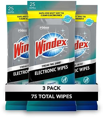 Windex Electronic Cleaning Wipes, Pre-Moistened Screen Wipes for TVs, Phones, and Other Electronics, Resealable for a Freshness Lock, 25 Count (Pack of 3)