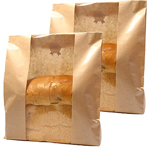 GM HOME 50 PCS Toast Paper Bag Kraft Bread Bag with Front Window Label Seal Sticker Packaging Paper Bakery Bag for Loaf Pastry Cookie Candy