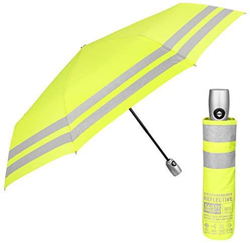 Notfall Regenschirm Gelb für Herren - Sicherheit Reflektierender Taschenschirm für Auto Straße - Hohe Sichtbarkeit Kompakt Schirm mit Auf Zu Automatik - Regenschirm Sturmfest Damen - Duchm 104 cm