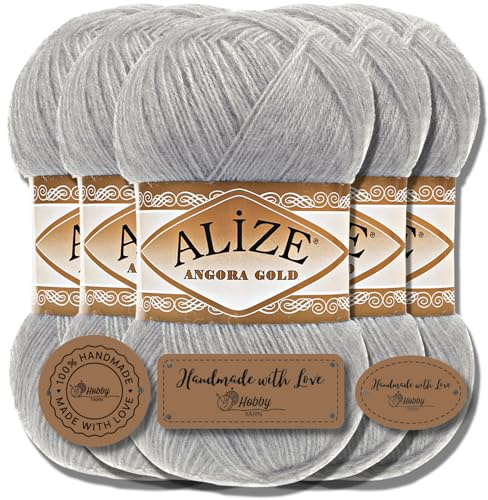 Alize 5 x 100 g Angora Gold stickgarn, turkiskt högkvalitativt garn av ull och akryl, enfärgat, babyull för virkning/stickning av halsdukar och annat till bebis (Grå | 21)