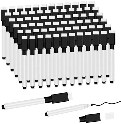 JEFURE 72 Pcs Black Magnetic Dry Erase Markers with Eraser Cap, White Board Mini Dry erase Markers Bulk, Fine Point Tip Student White Board Markers for Teachers Office School Supplies