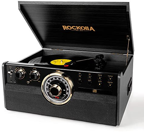 ROCKOLLA - Giradischi Vinili Bluetooth Portatile, 3 Velocità, 33/45/78 Giri, Vintage con Altoparlanti Incorporati, Riproduzione MP3, Dischi, Radio FM, Cassette, CD, USB e Schede SD (Vanguard Black)