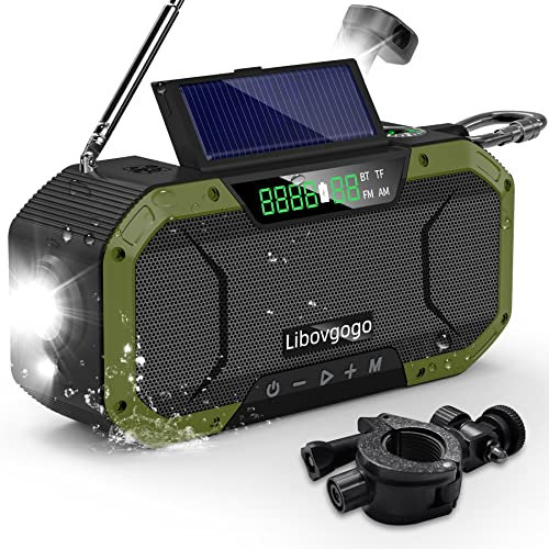 Libovgogo DF-580Pro 5000mAh Kurbelradio mit Handyladefunktion Solar, 7W IPX5 Waterproof Bluetooth Lautsprecher,Tragbares Auto Scan AM/UKW Notfallradio mit Taschenlampe LED-Leselampe Outdoor Camping