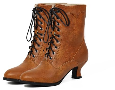 Yremael Women's Victorian Ankle Boots - Mid Calf, Round Toe, Brown, Chunky Heel, Lace Up Witch & Knight Boots