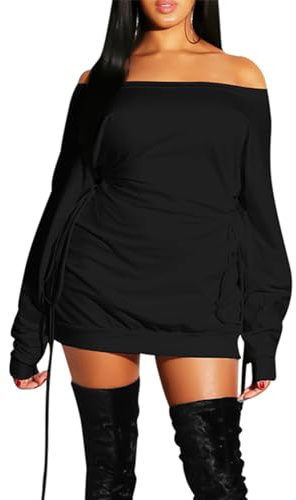 GOKATOSAU Women's Sexy Casual Off Shoulder Long Sleeve Lace Up Loose Club Mini Dress Black