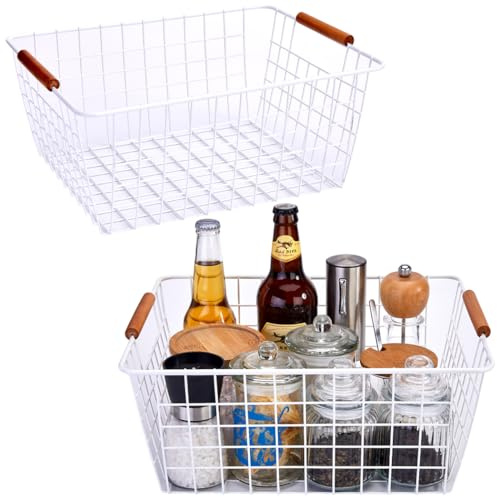 LeleCAT Large white wire baskets with Wooden Handles for storage pantry, Storage Organizer Baskets, Household Refrigerator for Cabinets, Closets, Bedrooms, kitchen - Set of 2（White）