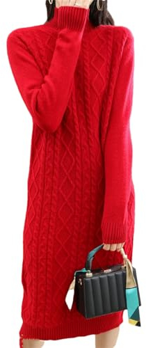 Robe en laine mérinos pure 100 % pour femme, tricotée, mi-longue, avec encolure échancrée et manches longues, jupe en maille unie, Rouge, M