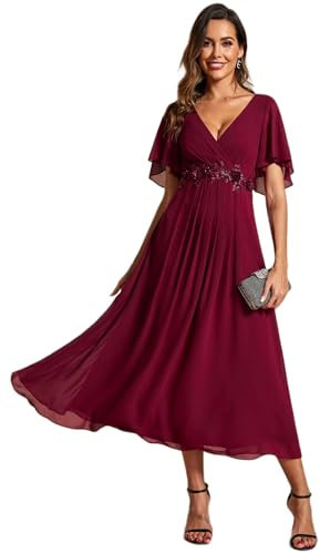 Ever-Pretty Women's V-Neck Short Sleeves Pleated A-Line Midi Length Chiffon Dresses for Plus Size Wedding Guest Dresses Burgundy 24UK