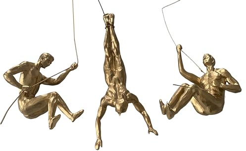 Haute Collage 3x Large Bronze Climbing Abseiling Men Trio Hanging Ornament Figures Climbing Men Wall-hanging Figurine Abseiling Ornaments Sculptures Wall Art Resin and Metal Hanging on Wire (Gold)