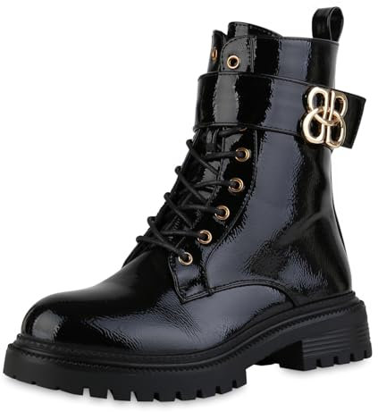 VAN HILL Damen Schnürstiefeletten Blockabsatz Schnallen Trendy Schuhe 216100 Schwarz Lack 40