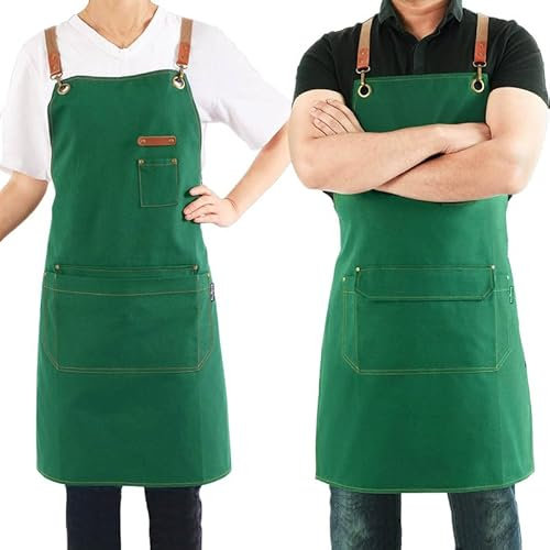 Magimate Canvas Apron with Pockets and Cross-back Straps for Chef Kitchen Cooking BBQ, Barista Bartender Barber Shop and Art Gardening Work Professional Aprons - Green