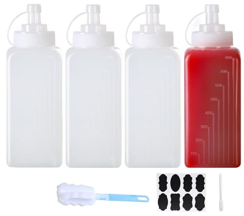 YBCPACK 800ml Large Plastic Squeeze Bottles with Nozzles, 4 Pack Square Sauce Bottles, Food Grade Squeezy Condiment Bottle for Sauces, Ketchup and Salad Dispenser