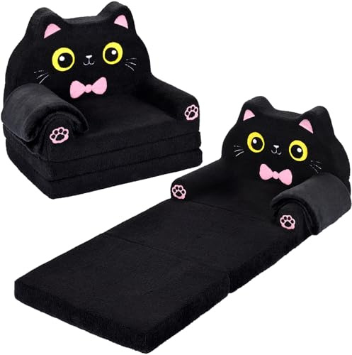 Foryoomi Kids Couch, 2-in-1 Soft Toddler Couch Fold Out with Blanket, Chair Comfy, Foldable Convertible Plush Sofa, Gifts for Kids Girl Boys, Black Cat