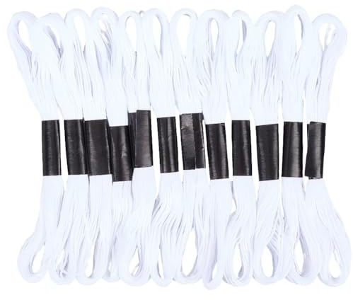 CABODYALS Hilo de Bordar Blanco de 96 m Y 12 madejas, Hilo de Poliéster de la Amistad, Hilo Suave de 6 Capas para Coser, Hacer Pulseras, Ropa, Coser, Decorar Y Hacer Manualidades.